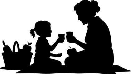 A joyful silhouette of a grandmother and grandchild sitting together on a picnic blanket spread on the ground