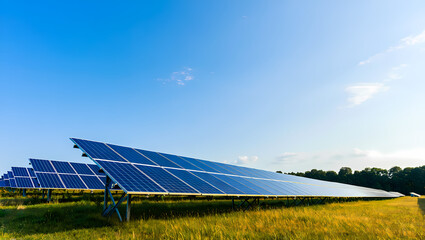 Vast Solar Panel Array in a Grassy Rural Field Under a Clear Blue Sky