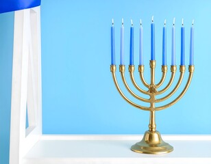 Fototapeta premium A golden menorah with nine blue candles lit against a bright blue background, symbolizing Hanukkah.