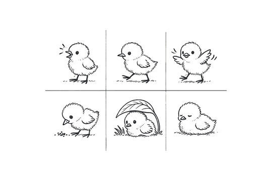 hand drawn cute doodle ink line art style line monochrome monochrome isolated on white background tern chickling (behaviors): peeping walking flapping feeding hiding resting