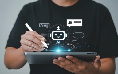 Person using stylus on tablet with AI chatbot interface and data visualization digital assistant