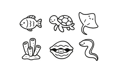 Naklejka premium hand drawn cute doodle ink line art style line monochrome monochrome isolated on white background barrier reef flat (life): fish turtle ray sponge clam eel