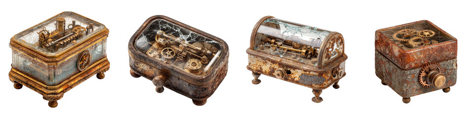 Fototapeta premium Vintage steampunk music boxes with intricate mechanisms on transparent background