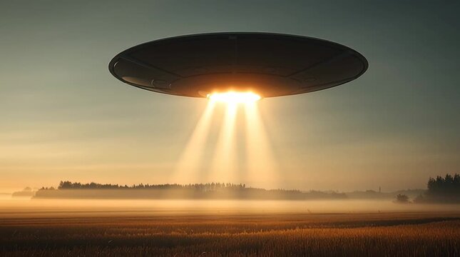 UFO descending in a serene landscape, illuminated by beams of light, creating an otherworldly atmosphere over golden fields at dawn, showcasing a captivating extraterrestrial encounter