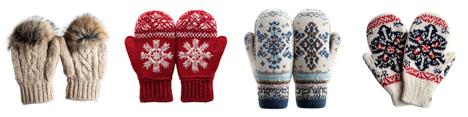 cozy knitted gloves mittens winter wear with snowflake patterns on transparent background