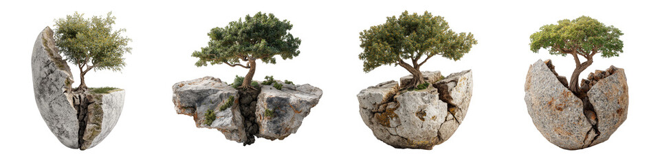 Rock formations with lush trees breaking through cracks on transparent background