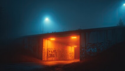 Foggy urban tunnel at night