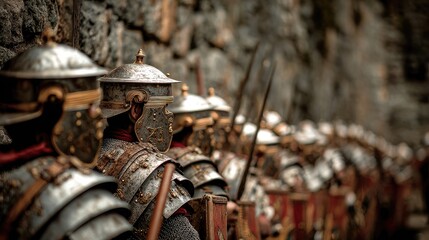 Roman legionnaires marching along stone wall, historical reenactment