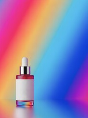 Skincare serum bottle with vibrant rainbow background for beauty and cosmetic product display
