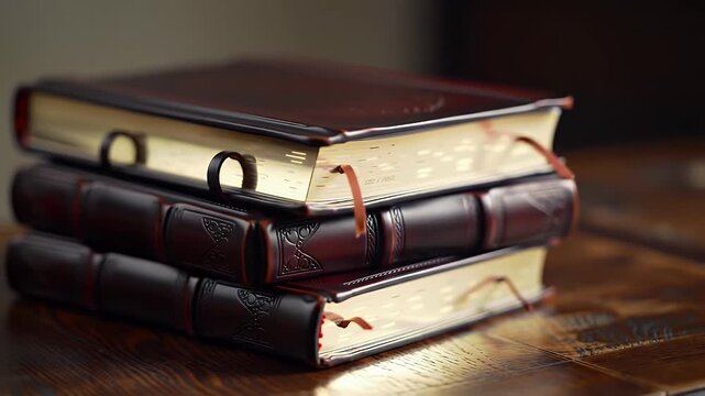 Stack of Three Dark Brown Leather Bound Books on a Dark Wood Table Top