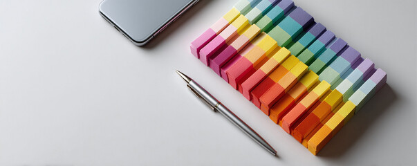 Colorful composition with color swatches, a modern smartphone and a pen on a white surface. Minimalist design concept for creative industries, design, or business themes.