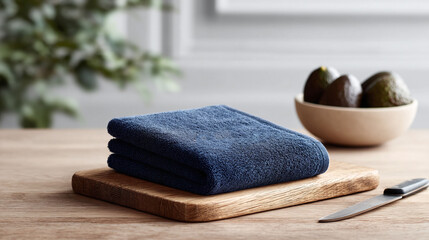 Clean, minimalist shot of a neatly folded blue towel on a wooden board, suggesting freshness and order. Perfect for hygiene, kitchen or wellness themes.