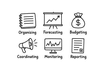 hand drawn cute doodle ink line art style line monochrome monochrome isolated on white background sustainable project planner (tasks): organizing forecasting budgeting coordinating