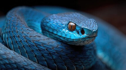 Obraz premium Close-up venomous blue viper coiled, jungle backdrop