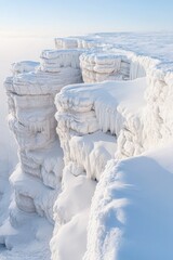 Icy cliff edge. Snow covered rocks in a cold landscape. Arctic scene with pure white ice on the elevated surfaces.