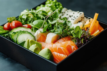 Fresh sushi and sashimi platter with assorted vegetables in a black box on dark background