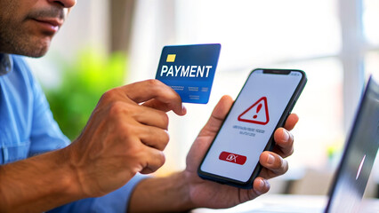Frustrated man sees payment error warning on phone while holding credit card, experiencing online transaction failure