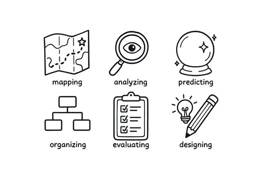 hand drawn cute doodle ink line art style line monochrome monochrome isolated on white background system thinker (actions): mapping analyzing predicting organizing evaluating designing