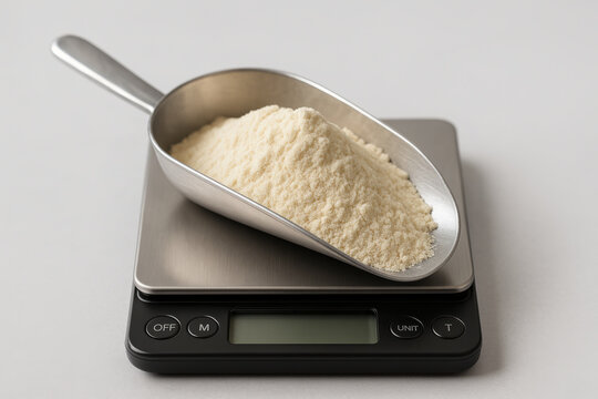 Digital kitchen scale weighing metal scoop filled with dry powder used for baking and food preparation on clean white background