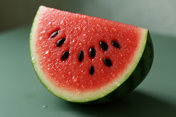 Fresh juicy watermelon wedge with vibrant red flesh and black seeds, covered in refreshing water droplets on green surface