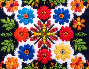Vibrant floral embroidery design on dark fabric