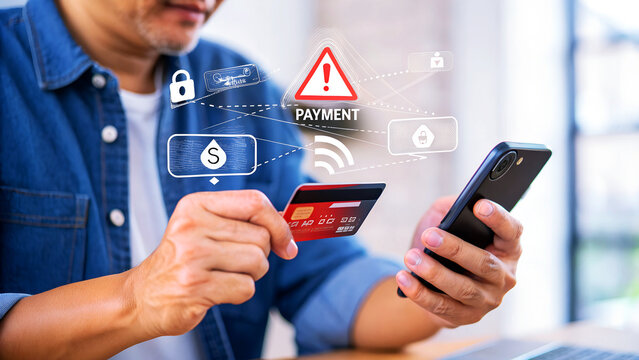 Man confidently uses smartphone and credit card for secure digital payments, visualizing financial transactions and security icons. - Powered by Adobe