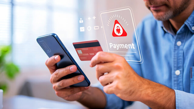 Man securely paying with credit card on smartphone, digital payment icon with lock symbol glowing