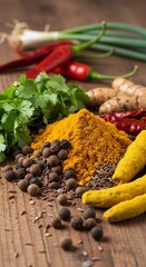 A rustic wooden table showcases a vibrant assortment of aromatic spices and fresh herbs, perfect for culinary inspiration and healthy eating