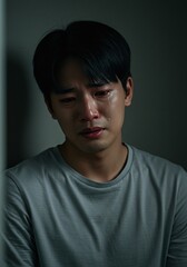 A man crying with tears rolling down his face, expressing sadness and emotional distress, captured in a close-up portrait with dramatic lighting