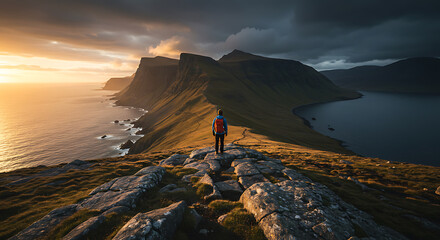Solitary figure on a rugged coastal cliff at sunset, ideal for travel and nature promotional visuals.
