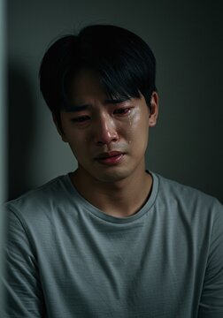 A man crying with tears rolling down his face, expressing sadness and emotional distress, captured in a close-up portrait with dramatic lighting