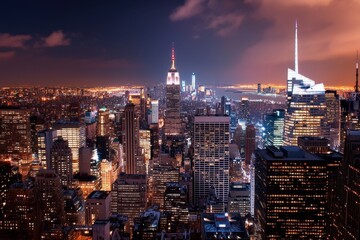 Stunning night view of vibrant city skyline featuring tall buildings illuminated by city lights. iconic structure stands out against dark sky, creating breathtaking urban landscape