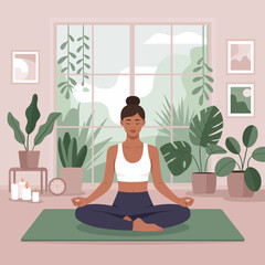 Peaceful Indoor Yoga Practice  Calm Woman Meditating in Nature-Inspired Space, Perfect for Wellness Marketing, Self-Care Apps, and Blogs