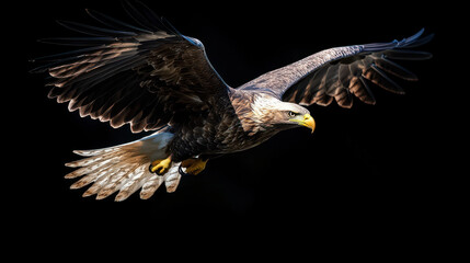 Obraz premium Majestic eagle soaring through air with outstretched wings, showcasing its powerful presence and sharp features