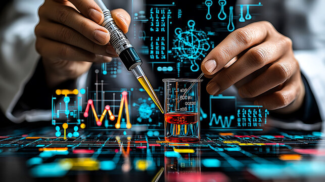 Closeup of scientists hands conducting a precise experiment.  Vibrant digital data overlays create a futuristic, innovative feel, ideal for science, technology, or medical research concepts.