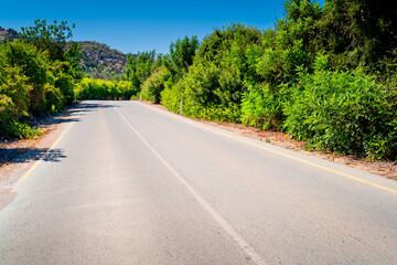 Fototapeta premium Empty asphalt road on the island, Cyprus, Latchi, Akamas Peninsula. Road is a symbol of the journey. 