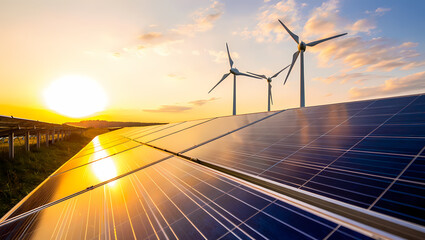 Solar Panels and Wind Turbines Reflecting a Golden Sunset Sky