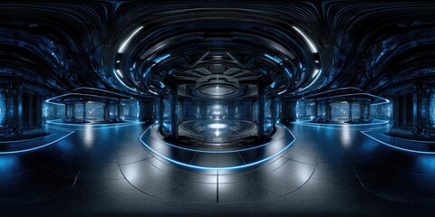 Futuristic, dark blue, and metallic interior