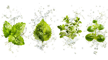 Obraz premium Fresh green herbs with splashing water isolated on black background, natural ingredient concept, perfect for cooking and culinary use