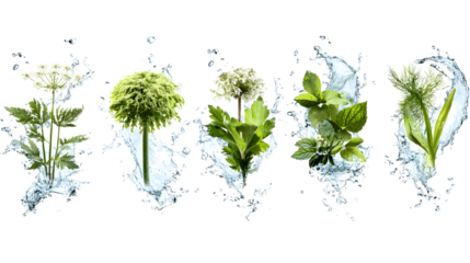 Fresh white and green flowers with water splashes isolated on white background, perfect for floral designs and nature-themed projects