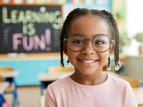 Happy young black girl wearing glasses smiles in a classroom