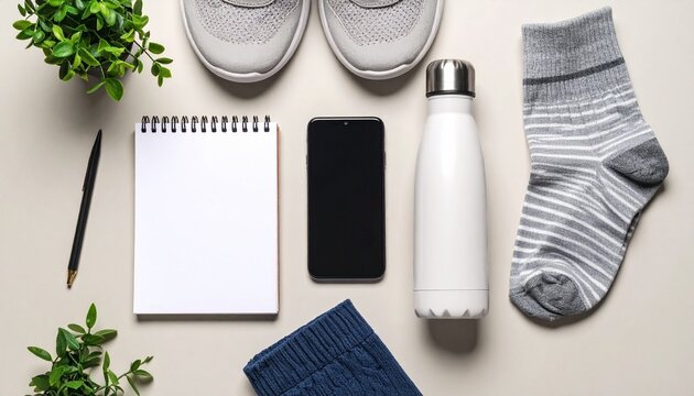 Flat lay of fitness essentials including sneakers, water bottle, and notebook for planning a workout. - Powered by Adobe