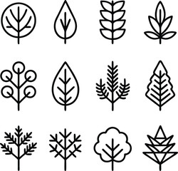 Collection of twelve minimalist line art icons representing various stylized trees and leaves perfect for nature themed designs and branding