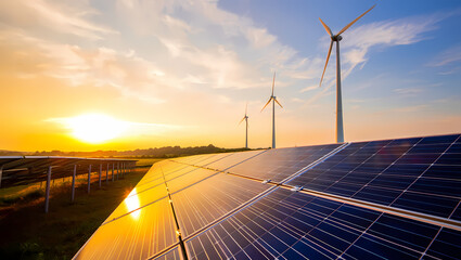 Solar Panels and Wind Turbines Reflecting a Golden Sunset Sky