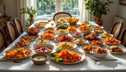 Fototapeta premium Abundant Feast Displaying Colorful Dishes with Fruits, Vegetables, and Side Dishes in a Bright Dining Room Setting