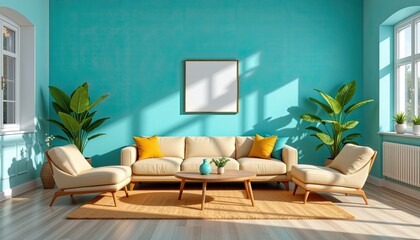 Bright and Modern Living Room with Turquoise Walls and Elegant Furnishings for Cozy Atmosphere