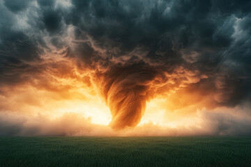 Obraz premium Dramatic tornado swirling under ominous dark clouds at sunset over open fields