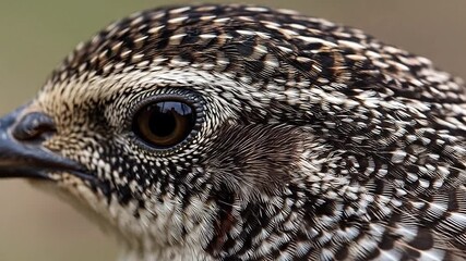 Quail closeup shows soft feathers and beady eye.