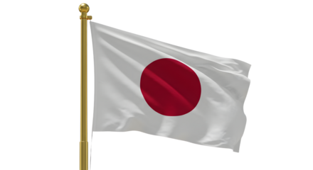 Japanese national flag waving on a golden flagpole isolated on white background, symbol of Japan, perfect for cultural and travel themes