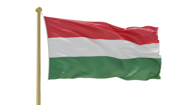 Hungary national flag waving on flagpole isolated on white background, symbol of Hungary, perfect for patriotic or cultural designs